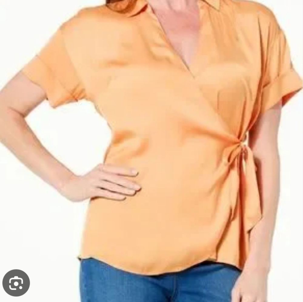 IMAN Global Chic Collared Surplice Blouse Orange NWT Size M